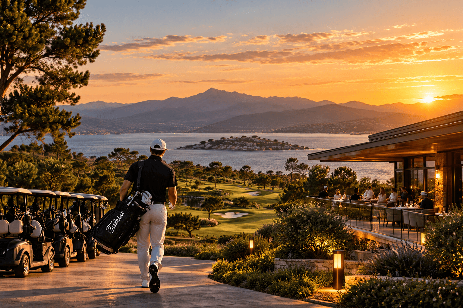 A golfer walking past the cart court toward the lit clubhouse terrace at sunset